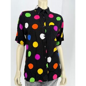 Vintage 80s 90s Polka Dot Button Down Shirt Colorful Clown Core Rayon Black